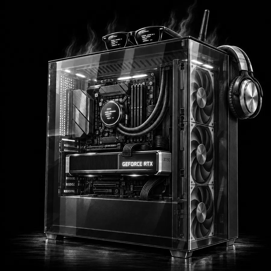 pencil drawing of the rig: a glass PC case with an RTX 3090, headphones hanging off the side