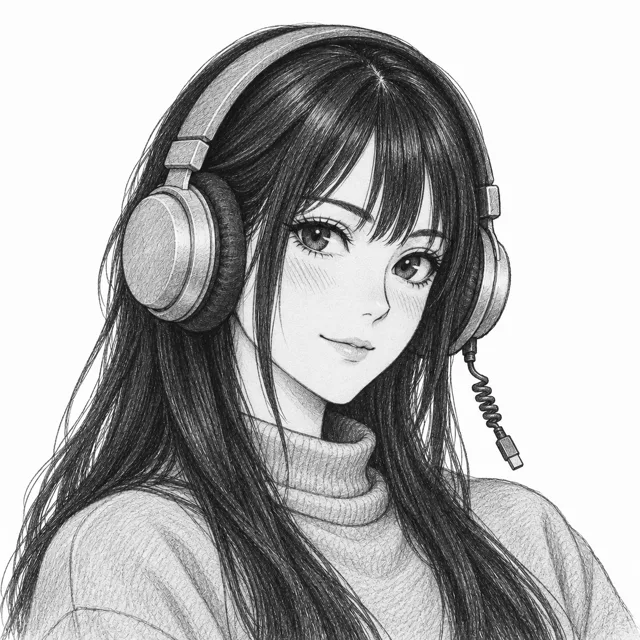 vrami, a pencil-drawn anime girl wearing over-ear headphones